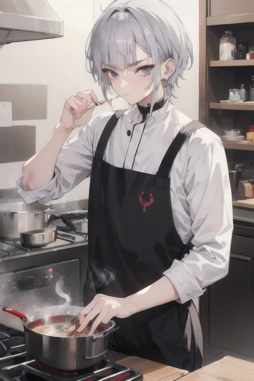 cooking　cock　Twenty-year-old man　Add tobacco　Eyebrows twisting　Silver Hair　Smoking a cigarette