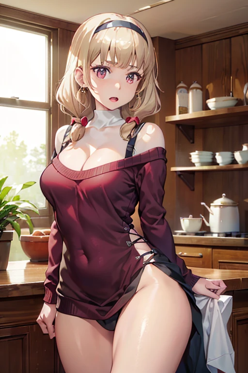 masterpiece, yor, 1girl, Amazing Cleavage:1.3, thin waist, big ass, Raised sexy, medium breast: 1.8 posed cleavage:1.2、solo, looking at viewer, open mouth, have a cup of coffee,black hair, red eyes, dress, bare shoulders, jewelry, collarbone, sidelocks, hairband, earrings, indoors, off shoulder, :o, sweater, arms behind back, plant, short hair with long locks, white hairband, off-shoulder dress, sweater dress, off-shoulder sweater, red sweater, big side hair, very long side hair,is rendered in (masterpiece: 1.2, best quality), with (ultra high resolution) and an exquisite (depth of field). This masterpiece is not only visually stunning but also tells, teach of cooking ,in the kitchen