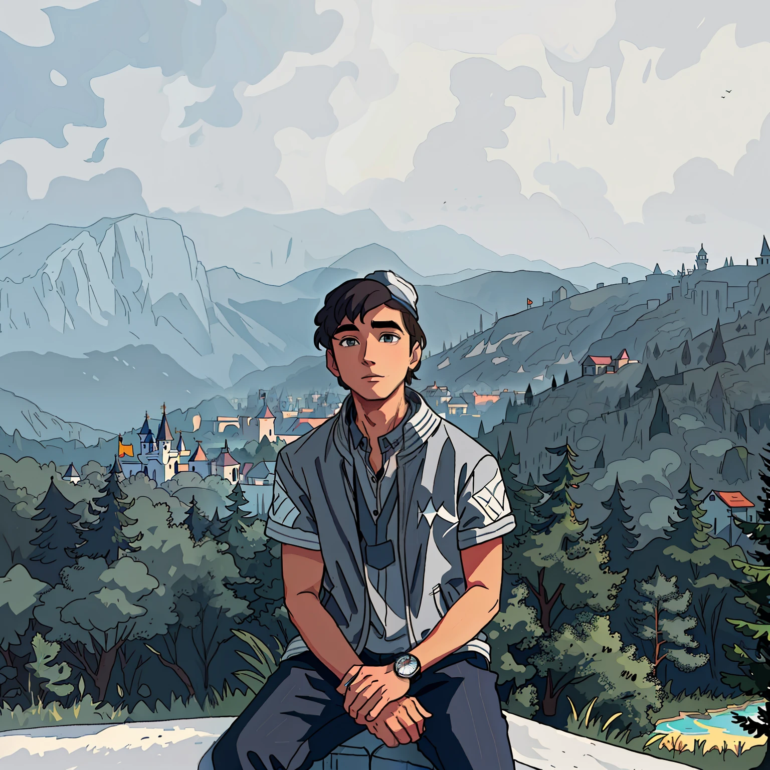disney style, man with hat, grey jacket