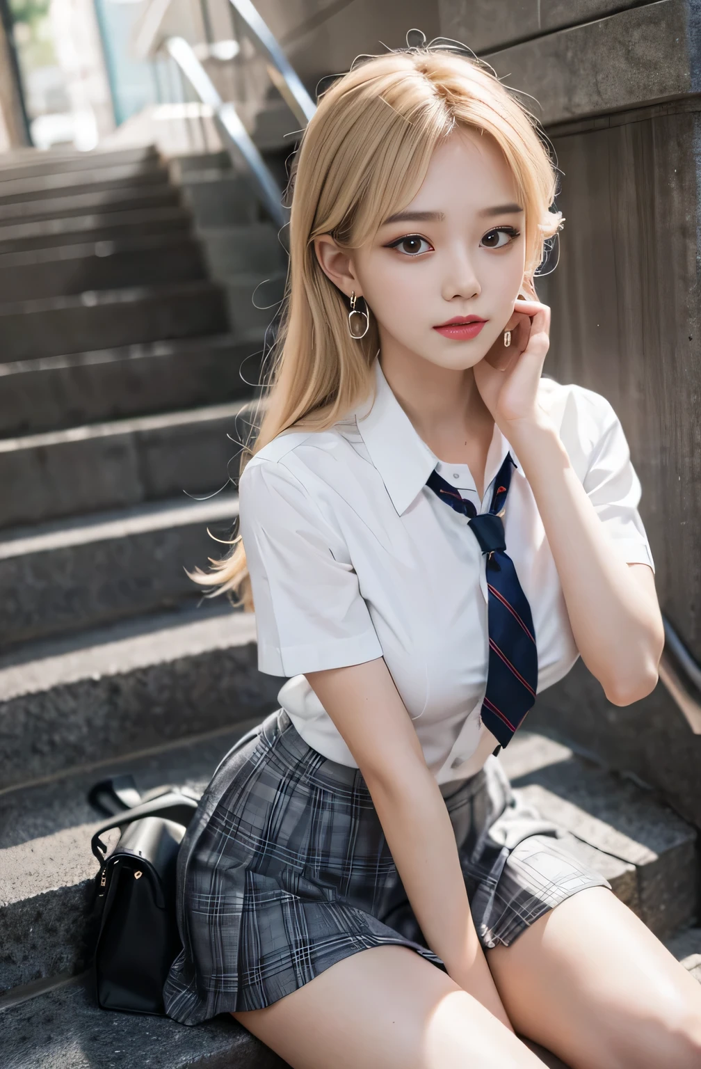 Gray eyes, Korean school uniform, Summer shirts, Ribbon Tie, skirt, Bright Blonde, school stairs, going down school stairs, Chest-up posture, Breast exaggeration pose, 8k RAW photos, high resolution, 16 year old Korean guy is so handsome, Very round breasts, Beautiful eye details, Long eyelashes, Beautiful double eyelids, Eyeshadow, Eyeliner, Slender eyes, Elongate the shape of the eyes, Three white eyes, Smile, Expression, Very slender beautiful legs, Beautiful slender thighs, Random medium-length hair, hair tied behind the head, earrings,