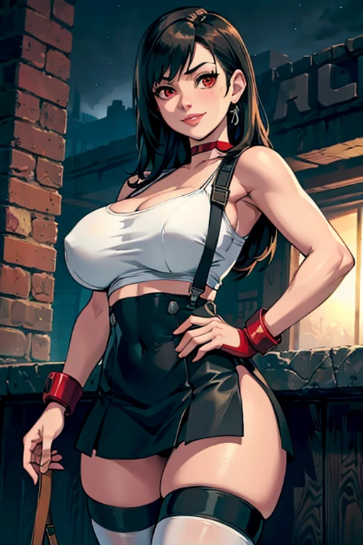 (8k, best quality, masterpiece:1.2), (realistic, photo-realistic:1.37), ultra-detailed, 1 girl,cute, solo, (tifa lockhart), (huge breasts:1.5),(beautiful detailed eyes), (smile:1.2), (closed mouth), erotic pose, dancing, depth of field, dark intense shadows, sharp focus, depth of field, good composition, Final Fantasy VII, (black miniskirt:1.1), (white tank top) suspenders, stockings, arm brace, red gloves, (black choker) full body, head rest, lips, pretty face, low-tied long hair, ((red_eyes:1.2)), (night:1.3), intricate, bokeh, cinematic lighting, photon mapping, radiosity, physically-based rendering, (Tetsuya Nomura style), nsfw, perfect breasts, in a field, river and mountians in background