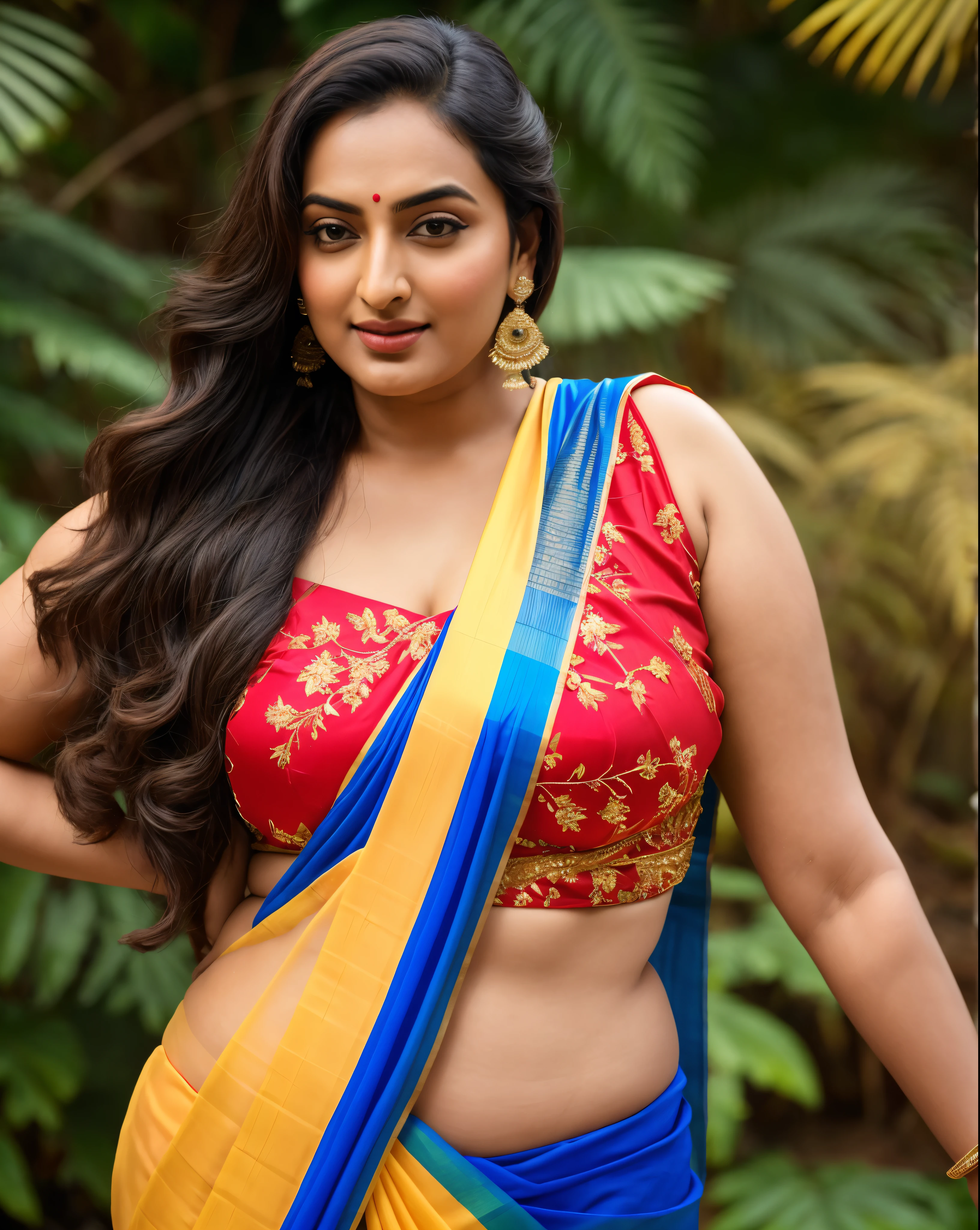 Foto RAW, photorealistic, photography, full body shot, master shot, perfect eyes, goddess like beauty, pierced eyes, perfect thick chubby mallu Desi aunty bhabhi, Wearing a Stanapatta, a chest-band.Saree model, model Photography, Indian saree shoot, Indian traditional wear advertising photography, traditional wear brand shoot, face of Indian actress Sonakshi Sinha, masterpiece, realistic, realism, incredible details, pleasure, photorealism, detailed skin, skin pores, high contrast, photorealistic Artstation 8k HD digital art trend of high definition and detailed realistic skin texture, ultra detail, realistic skin texture, armature, best quality, ultra high definition, (photorealistic:1.4),, high resolution, detail, raw photo, sweat, Re sharp, by Lee Jefferies Nikon D850 Film Stock Photo 4 Kodak Portra 400 Camera F1.6 Lens Rich Color Ultra Real Realistic Realistic Textures Dramatic Lighting Unreal Engine Trending at Art Station Cinestill 800,(pele altamente detalhada: 1.2), 8k UHD, DSLR, soft-lighting, alta qualidade, grain of film, Fujifilm XT3,she didn't like to wear blouse or bra, she is happy to wear only saree, she hates blouse or bra, detailed hairy armpits, hyper realistic skin, skin pores, sweat, veins,