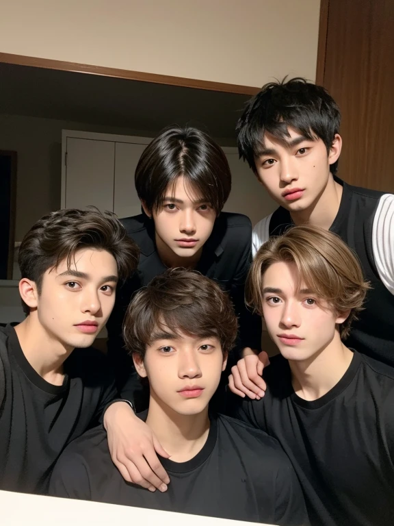 four boys in the photo, 17 y.o, comma hair