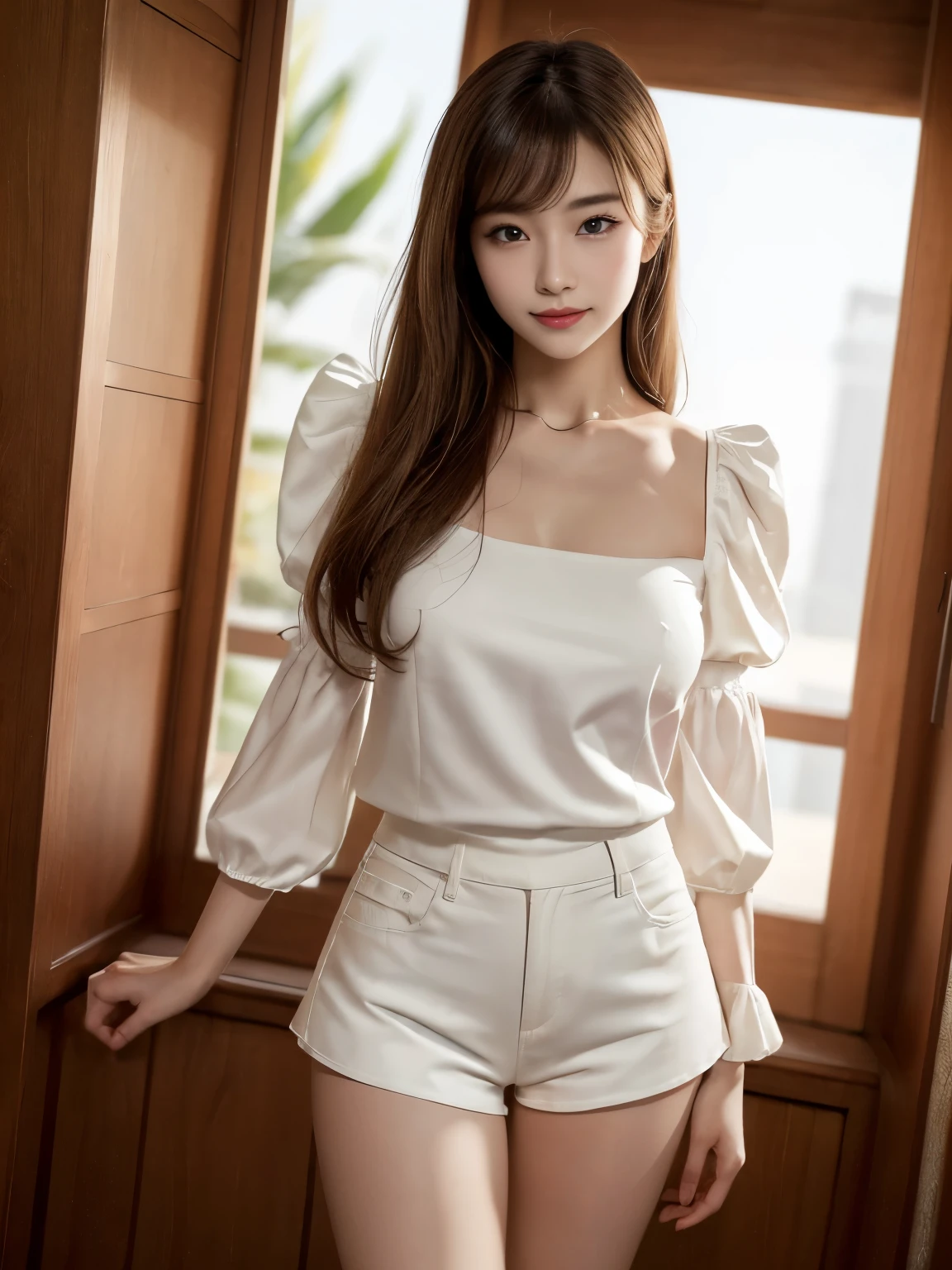 (masterpiece,highest quality,8k Raw Photo:1.5,Proper contrast,Depth of written boundary)、Beautiful woman with attractive Japan,Outstanding style、Full body photo、Delicate and sexy collarbone,Attractive oval face,double eyelid,Bright eyes:1.5,Pink Lips,Small Nose,(Smiling Kindly)、Face close-up,Eye highlights,Arranged Hair、Ultra-high resolution:1.5,Super detailed,Elegant standing posture、shirt(Square neck:1.2,Puff sleeves:1.2,Slim Shorts:1.37),Pair it with high-waisted, light-colored jeans.、