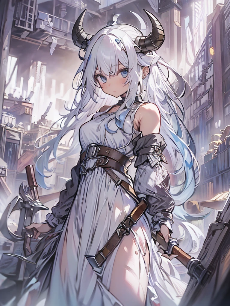 ((masterpiece)), ((bestquality)), ((ultra-detailed)), 1girl, solo, a ****************, white hair, blue eyes, detailed face, dragonian_head, dragonian_body, dragonian_hairstyle, dragonian_horns, dragonian_tail, one white tail, white long dress, torn dress, black choker, ((circlet on head)), bangs, Viking axe, (holding axe:1.2), (over shoulder), weapon over shoulder, molten dungeon, image resolution 1024