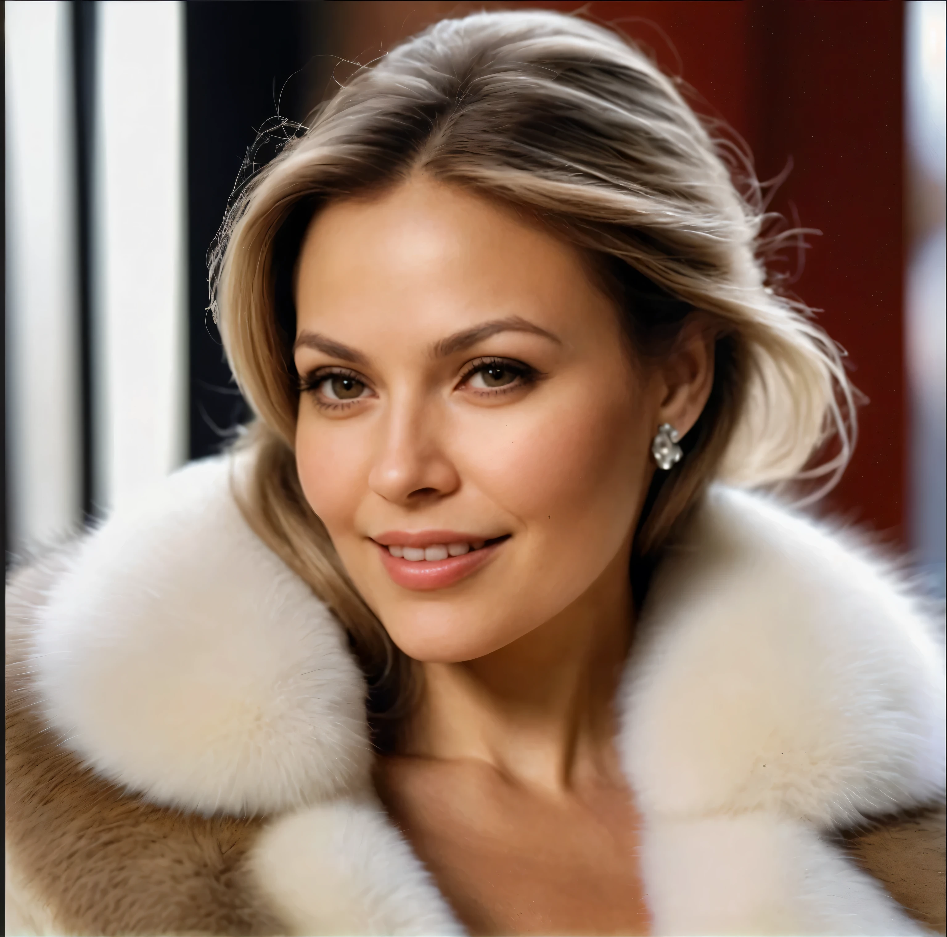 A close up of a woman wearing a fur coat and smiling - SeaArt AI