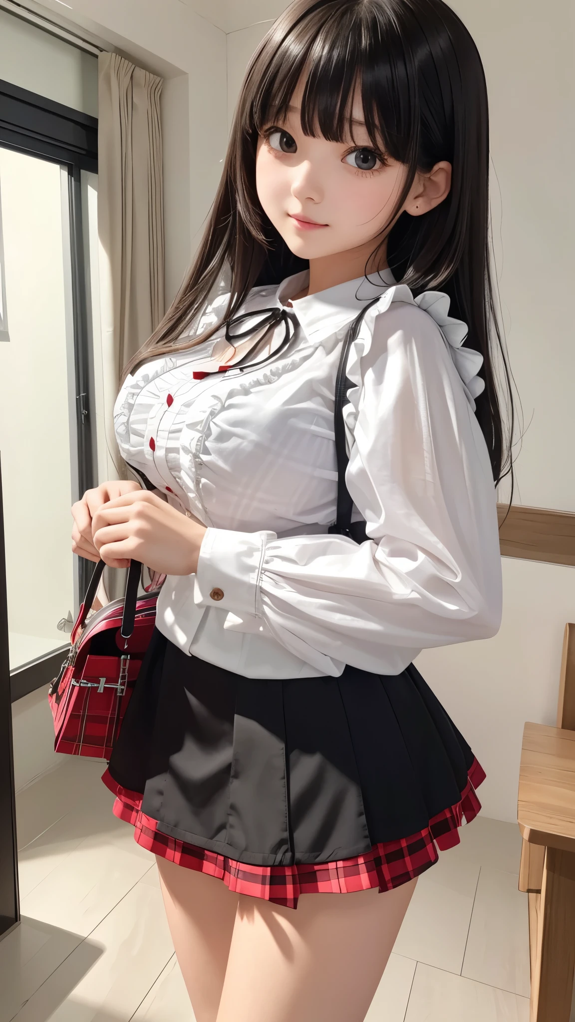 Detailed face、highlight、girl、thigh、breast enhancement、black髪、Heavy bangs、(Frilled shirt、)(Checked mini skirt、black、red、white、)