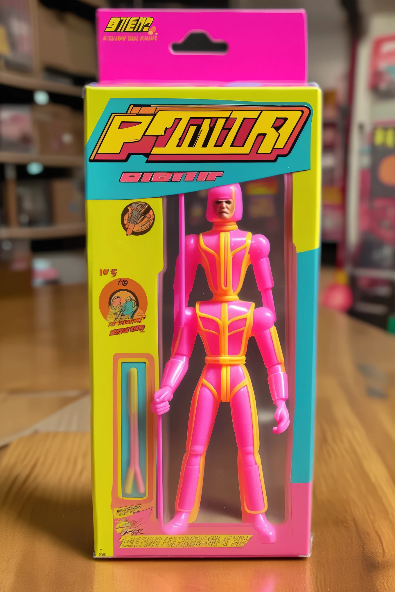 1987 Action Figure Playset Packaging - a 1970s die cast kenner style action figure shaped like a neon colored stick rotor for adult standing next to its cardboard and plastic packaging