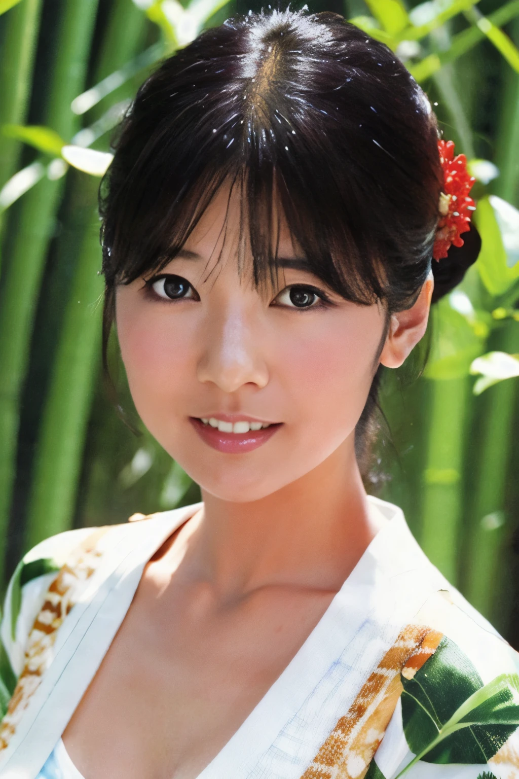 Masterpiece, High quality, High resolution, 8K, Realistic Japan woman in bamboo bushes, beautiful japanese female, goddess of Japan, Beautiful Face, detailed face, detailed eyes, Tie up your hair, Wearing a white wet translucent kimono, Inserting kanzashi, A MILF, Sexy Japanese woman, A 30-year-old woman, Looking at the camera, facing front, face forwards, rain is falling, Beautiful collarbone