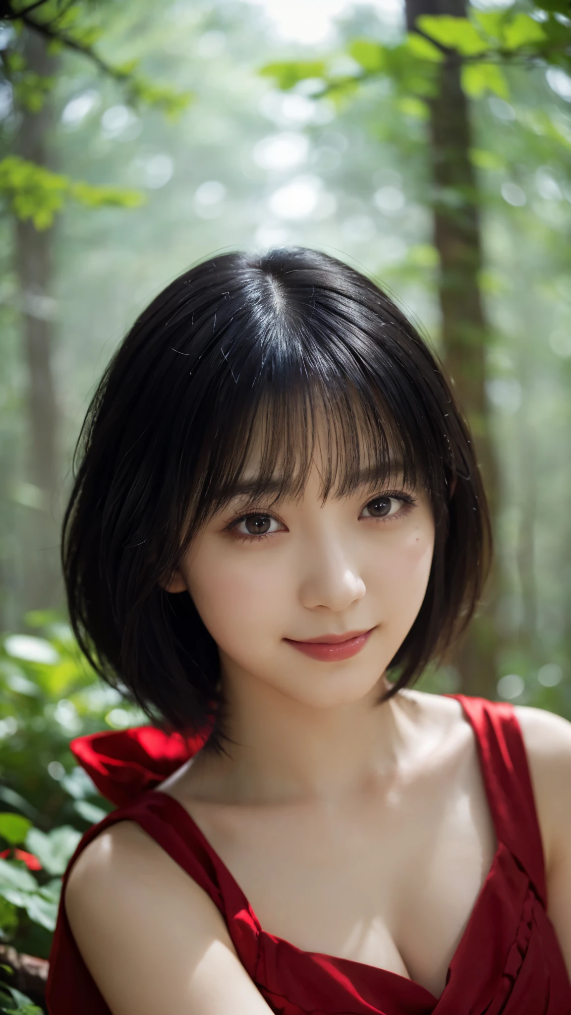 (highest quality,masterpiece:1.3,Ultra-high resolution),(Super detailed,Caustics,8k), (Photorealistic:1.4, RAW shooting),(A forest shrouded in a mysterious, dense fog),Sunlight filtering through the trees ,Light pours down,20-year-old,cute,Are standing,(smile),Looking into the camera,Black Hair Middle Hair,(Crimson Dress), (Waist up shot),(Low position),(Low - Angle),(Face Focus),(Face close up),Natural light