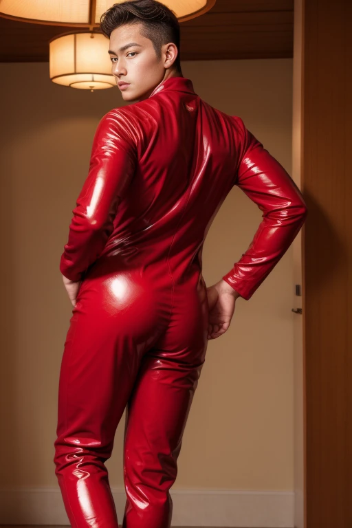 Japan man，man,youth，Best quality, crisp quality, Masterpiece, Highest resolution, Highly detailed, super tight Red latex jumpsuit, Handsome muscular young teenage boy, standing backward, showing his huge muscular butt，
