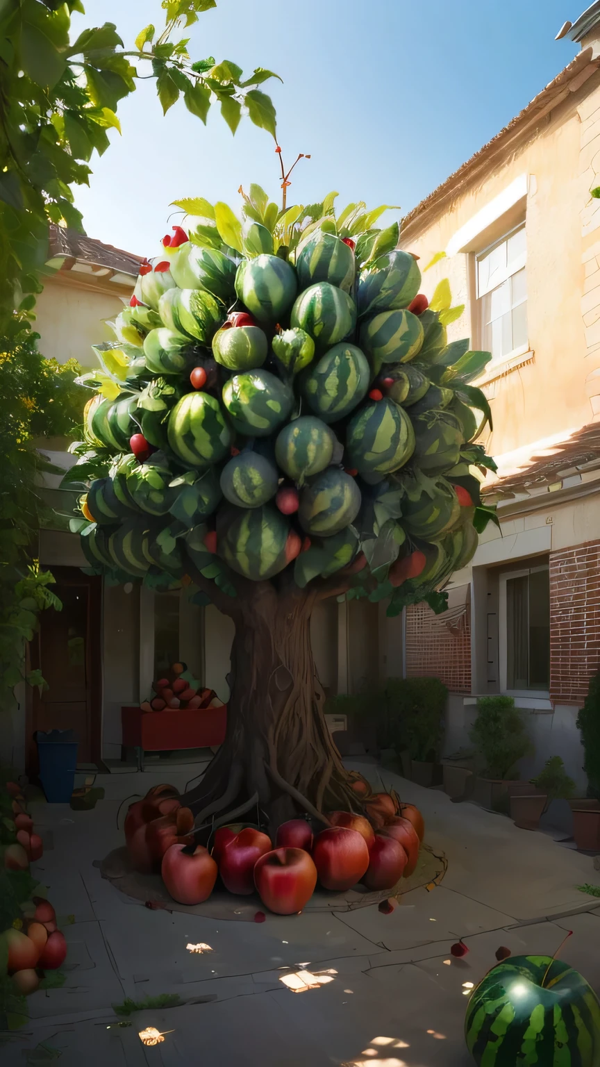 there is a watermelon tree with red apples on it, artistic masterpiece, with Fruit trees, watermeloncore, watermelons, Fruit trees, watermelon, an alien fruit, Unusual composition, Surrealism, collective civilization tree, weird alien trees, Artist's Interpretation, Money Tree, Fairy Fruit. Octane Rendering, Beautiful decoration, A beautiful treethere is a fake watermelon tree with a lot of watermelons on it, with Fruit trees, watermelons, A beautiful tree, Money Tree, All of these grow in huge, watermeloncore, Big green tree, masterpiece work of art, Fruit trees, Garden with fruit trees, Unusual composition, masterpiece!!!, big tree, collective civilization tree, watermelon