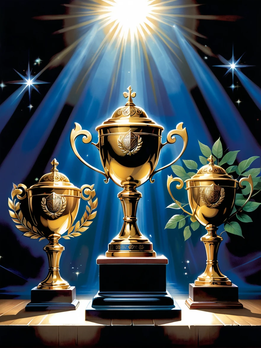 Champion-related designs. The image should depict a golden trophy decorated with laurel leaves, Symbolizes victory and achievement. in the background, Giant First, Shining with dazzling light, Symbolizes first place or victory. The base of the trophy is engraved with an intricate arabesque pattern, Demonstrating the dignity and glory of championship status. The scene is set on a grand podium，Lights pointing to the trophy, Cast a dramatic shadow, Emphasize the importance of being a champion.