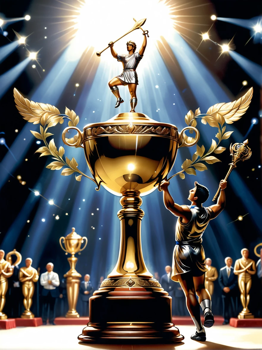 Champion-related designs. The image should depict a golden trophy decorated with laurel leaves, Symbolizes victory and achievement. in the background, Giant First, Shining with dazzling light, Symbolizes first place or victory. The base of the trophy is engraved with an intricate arabesque pattern, Demonstrating the dignity and glory of championship status. The scene is set on a grand podium，Lights pointing to the trophy, Cast a dramatic shadow, Emphasize the importance of being a champion.