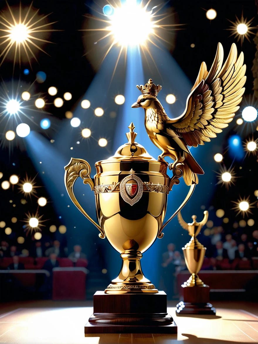 Champion-related designs. The image should depict a golden trophy decorated with laurel leaves, Symbolizes victory and achievement. in the background, Giant First, Shining with dazzling light, Symbolizes first place or victory. The base of the trophy is engraved with an intricate arabesque pattern, Demonstrating the dignity and glory of championship status. The scene is set on a grand podium，Lights pointing to the trophy, Cast a dramatic shadow, Emphasize the importance of being a champion.