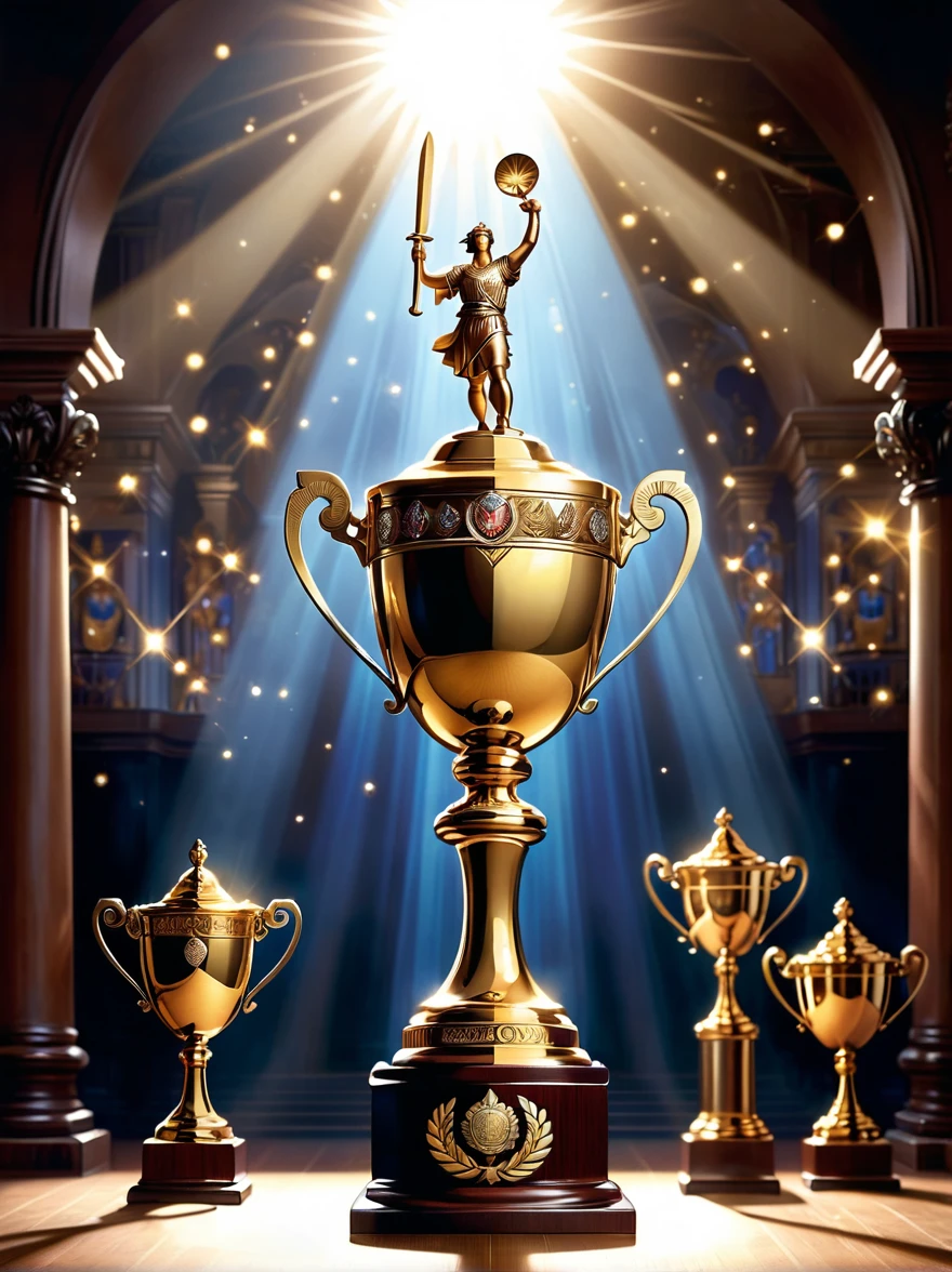 Champion-related designs. The image should depict a golden trophy decorated with laurel leaves, Symbolizes victory and achievement. in the background, Giant First, Shining with dazzling light, Symbolizes first place or victory. The base of the trophy is engraved with an intricate arabesque pattern, Demonstrating the dignity and glory of championship status. The scene is set on a grand podium，Lights pointing to the trophy, Cast a dramatic shadow, Emphasize the importance of being a champion.