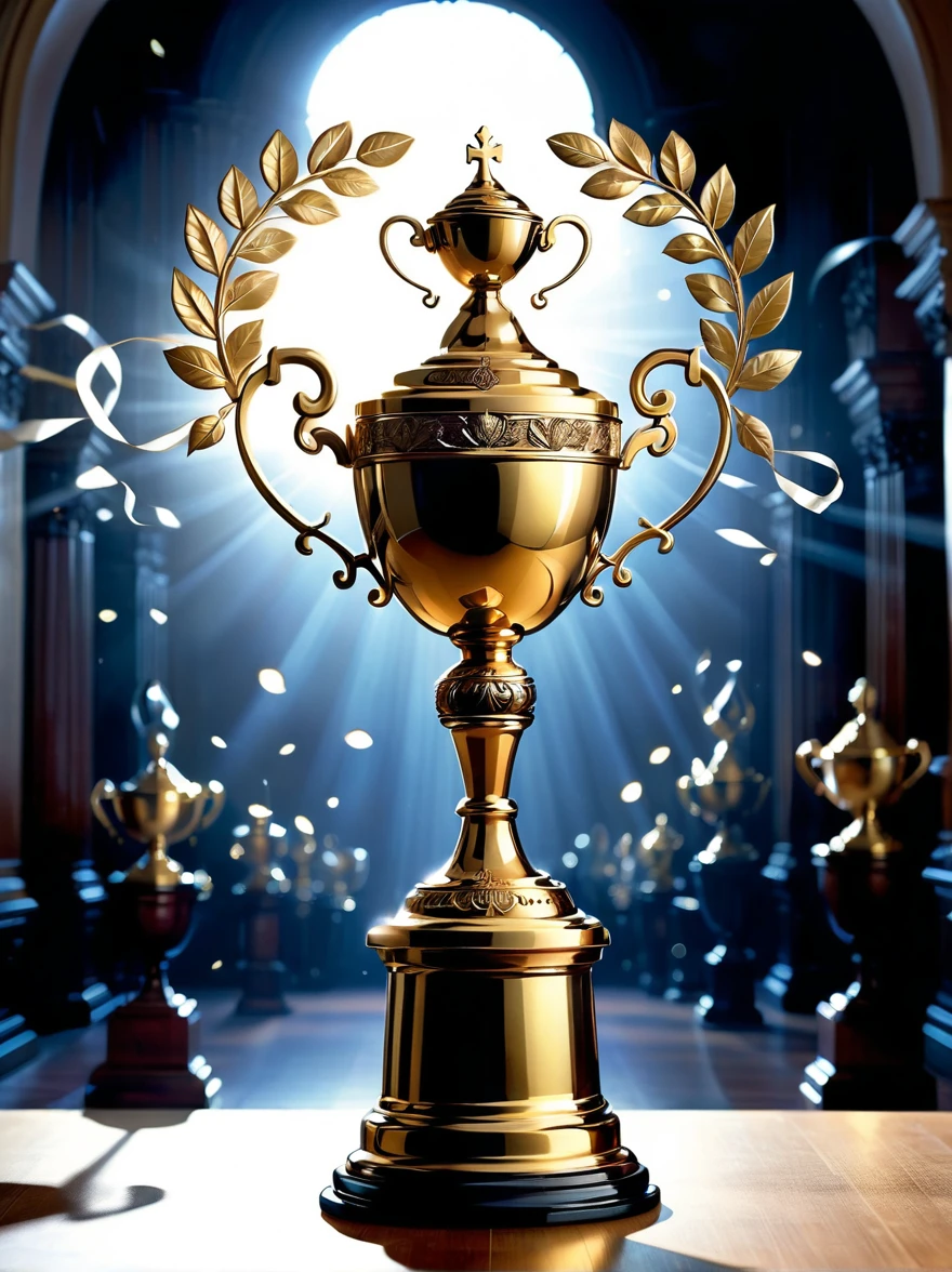 Champion-related designs. The image should depict a golden trophy decorated with laurel leaves, Symbolizes victory and achievement. in the background, Giant First, Shining with dazzling light, Symbolizes first place or victory. The base of the trophy is engraved with an intricate arabesque pattern, Demonstrating the dignity and glory of championship status. The scene is set on a grand podium，Lights pointing to the trophy, Cast a dramatic shadow, Emphasize the importance of being a champion.