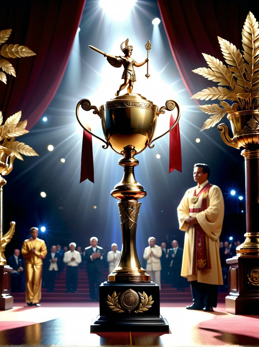 Champion-related designs. The image should depict a golden trophy decorated with laurel leaves, Symbolizes victory and achievement. in the background, Giant First, Shining with dazzling light, Symbolizes first place or victory. The base of the trophy is engraved with an intricate arabesque pattern, Demonstrating the dignity and glory of championship status. The scene is set on a grand podium，Lights pointing to the trophy, Cast a dramatic shadow, Emphasize the importance of being a champion.