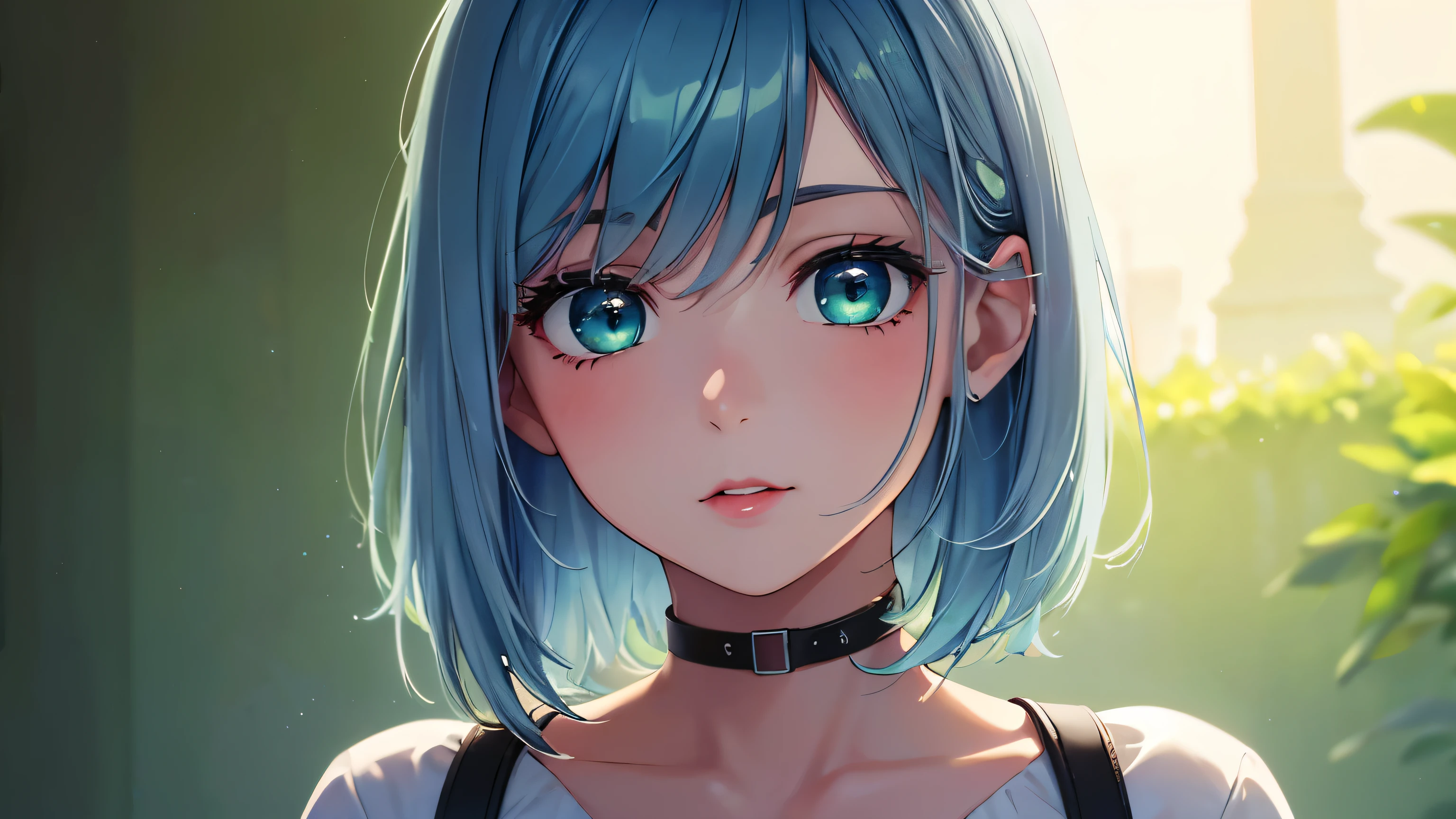 (Best quality at best,8K,A high resolution,tmasterpiece:1.2),Digital artwork, one girl,detailed face,detailed eyes,light blue hair,short straight hair,glowing green eyes,red lip,Suspenders