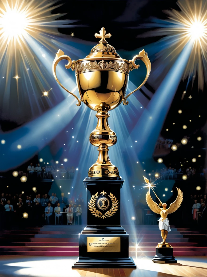 Champion-related designs. The image should depict a golden trophy decorated with laurel leaves, Symbolizes victory and achievement. in the background, Giant First, Shining with dazzling light, Symbolizes first place or victory. The base of the trophy is engraved with an intricate arabesque pattern, Demonstrating the dignity and glory of championship status. The scene is set on a grand podium，Lights pointing to the trophy, Cast a dramatic shadow, Emphasize the importance of being a champion.