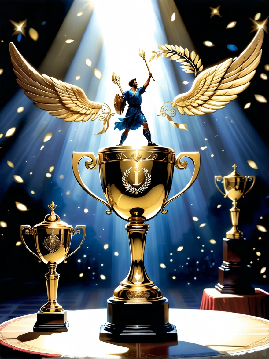 Champion-related designs. The image should depict a golden trophy decorated with laurel leaves, Symbolizes victory and achievement. in the background, Giant First, Shining with dazzling light, Symbolizes first place or victory. The base of the trophy is engraved with an intricate arabesque pattern, Demonstrating the dignity and glory of championship status. The scene is set on a grand podium，Lights pointing to the trophy, Cast a dramatic shadow, Emphasize the importance of being a champion.