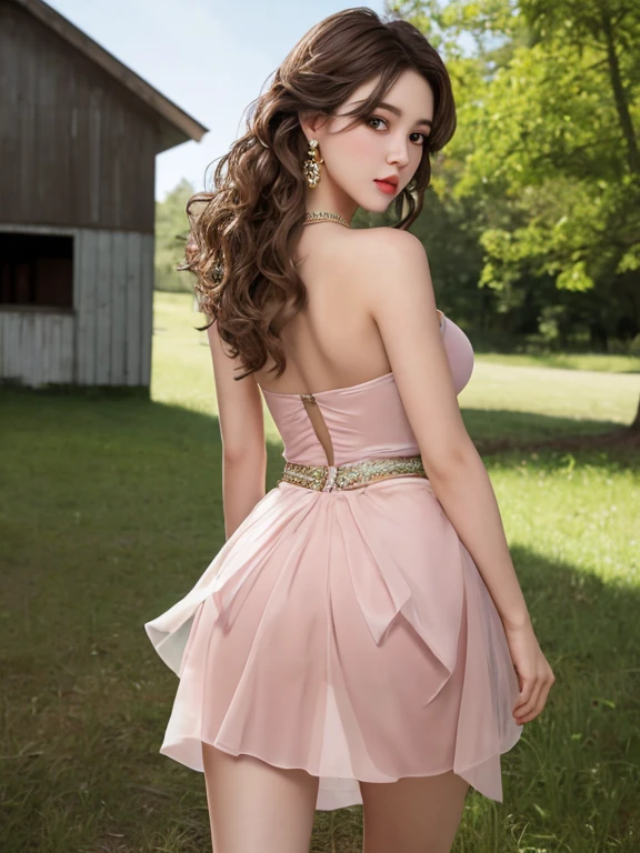 best quality, masterpiece, lifelike:1.27, ultra high resolution, 8K RAW photos, 1 girl, Wearing a transparent silk skirt, alone, brown hair, jewelry, long hair, earrings, pink skirt, Tree, nature, outdoor, bare shoulders, Abandoned barns, look back, permanent, necklace, head tilt, curls, looking at the audience, Detailed texture, Edge Lightin, cowboy shooting, Visible all over the body, beautiful legs,pink high heels, full length view, wearing pink dress, Rear view, Visible all over the body, perspective, from behind, sexy dress, bent over, spread.