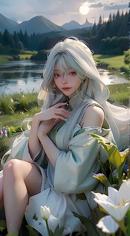 (masterpiece, top quality), A girl with long white hair sits in a field of green plants and flowers, Warm moonlight, Blurred foreground, Change, River bank, shorts, Strange eyes