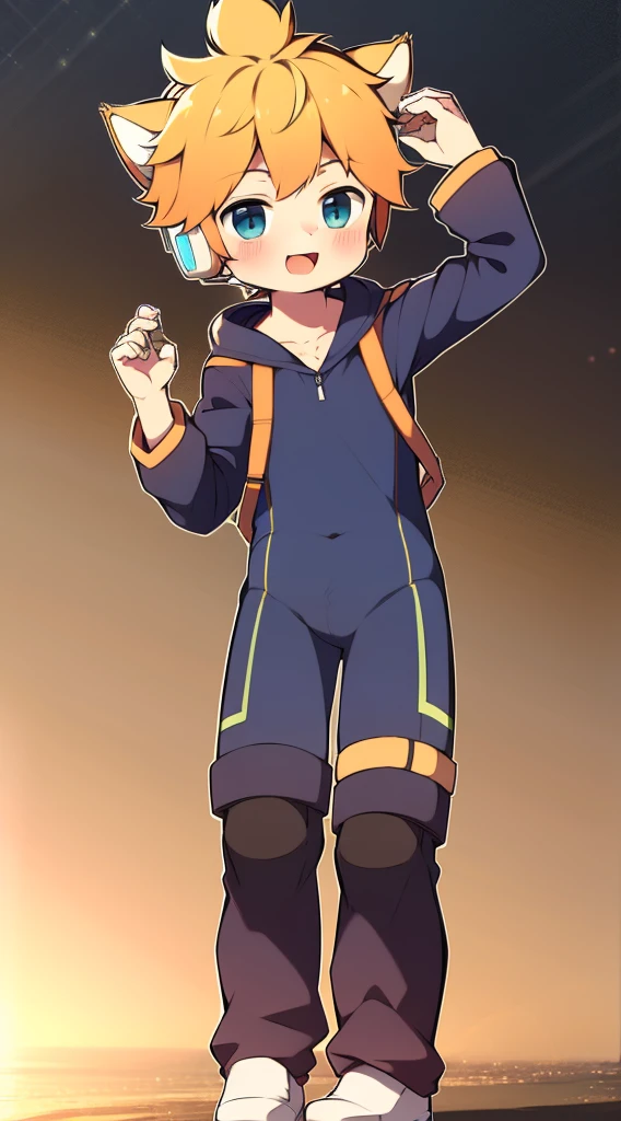 2D Boy Shota,One-piece mountaineering suit,Slim, healthy body,Put the headphones on your head,stand up,goggles,Cat ear,happy,Sailor collar,Lovely,Love,Short sleeve