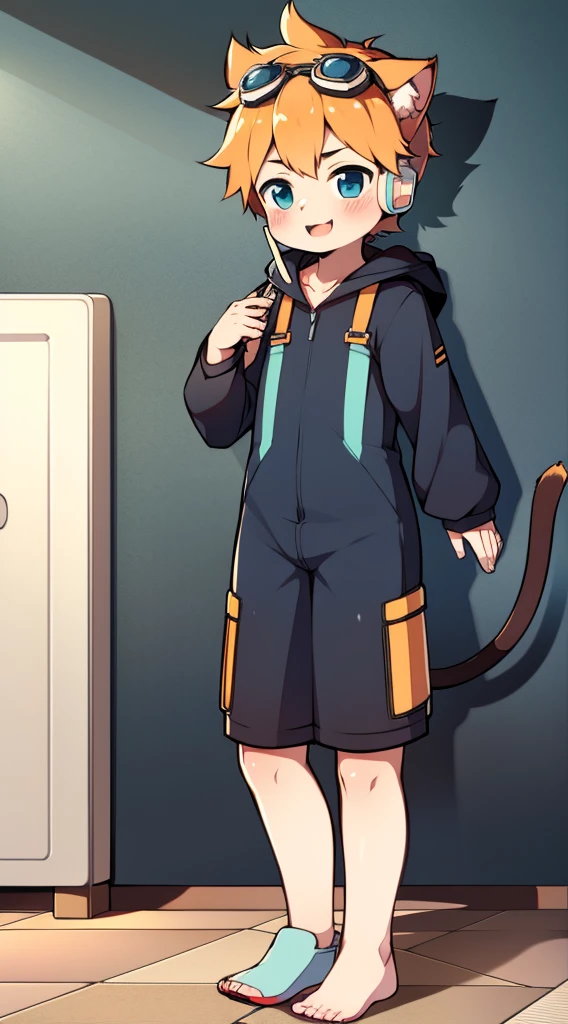 2D Boy Shota,One-piece mountaineering suit,Slim, healthy body,Put the headphones on your head,stand up,goggles,Cat ear,happy,Sailor collar,Lovely,Love,Short sleeve