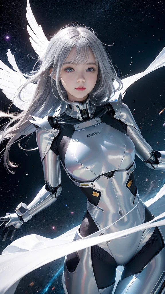 adorable_girl,fair_skin,baby face,huge filesize,wallpaper,colorful,mecha clothes, robot girl, sliver bodysuit,((sliver)) and (broken) body,hyper_galaxy,(sunlight),(angel),dynamic angle, floating, wing, halo, floating white silk,(Holy Light),silver stars,