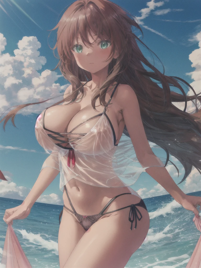 best quality, masterpiece, highres, solo, 
{kaneshiya_shitara_alicegearaegisexpansion:1.15}, long hair, brown hair, green eyes, (Gigantic Breasts:1.4), Hair blowing in the wind, BREAK, 
bangs, Cleavage, BREAK, 
bedroom,(see-through camisole:1.2), cleavage, side-tie panties,(special occasion thong panties:1.3),
wariza,armpits,
Abstract background