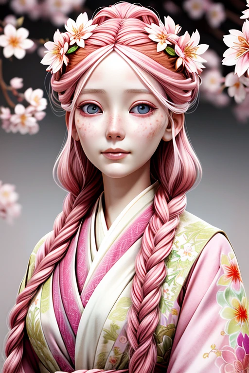 Porcelain woman with, pink hair with braids, lots of Cherry blossoms on her head, white skin with heavy makeup extremely ghostly white, in kimono, psychedelic background, soft, dreamlike, surrealism, intricate details, 3D rendering, octane rendering. Nicoletta Ceccoli style.