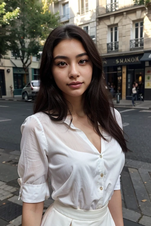 Young French-Japanese mixed race, 22 years old, cheveux long noir , beautiful detailed face, yeux noirs, Beautiful lip, corps naturels , in front of the Eiffel Tower outdoors, eye-liner, dressed in white blouse and black skirt, petit sourire en coin, reflets du soleil sur son visage, corps face a la camera