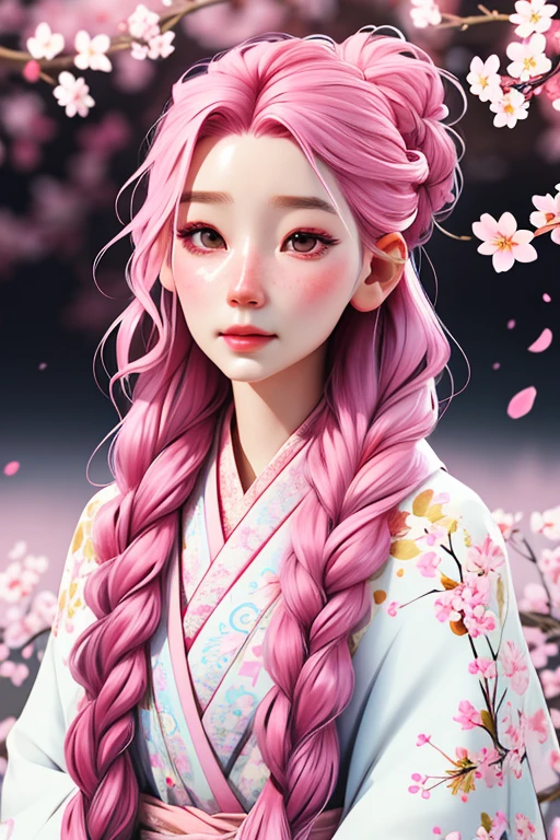 Porcelain woman with, pink hair with braids, lots of Cherry blossoms on her head, white skin with heavy makeup extremely ghostly white, in kimono, psychedelic background, soft, dreamlike, surrealism, intricate details, 3D rendering, octane rendering. Nicoletta Ceccoli style.