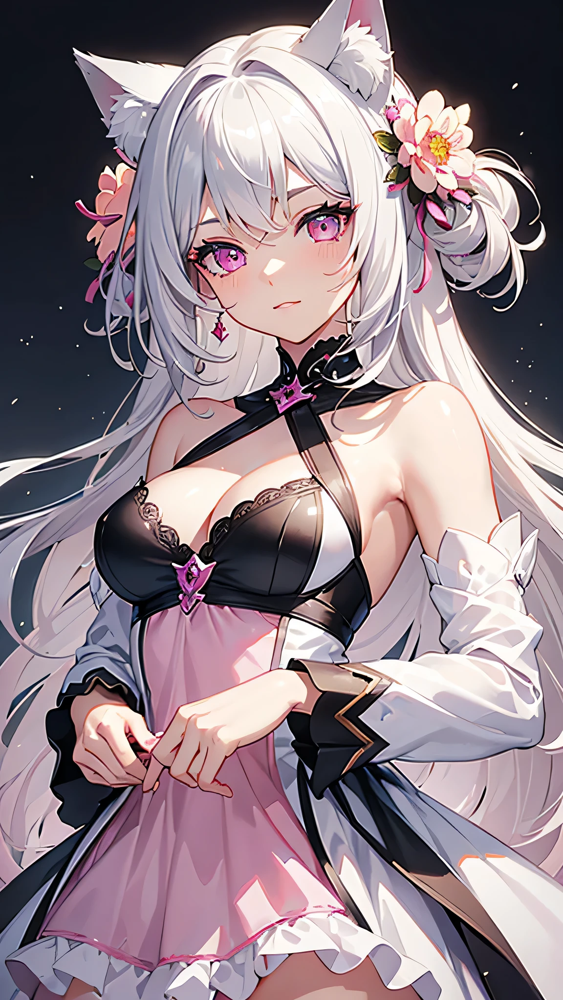 masterpiece,best quality,ultra-detailed face,detailed eyes,sparkling eyes,highlighted eyes,medium breasts,illustration,cute girl,Smug Look,Cat ear,beautiful silver hair,inner is pink,beautiful pink eyes,dahlia,dress,Water