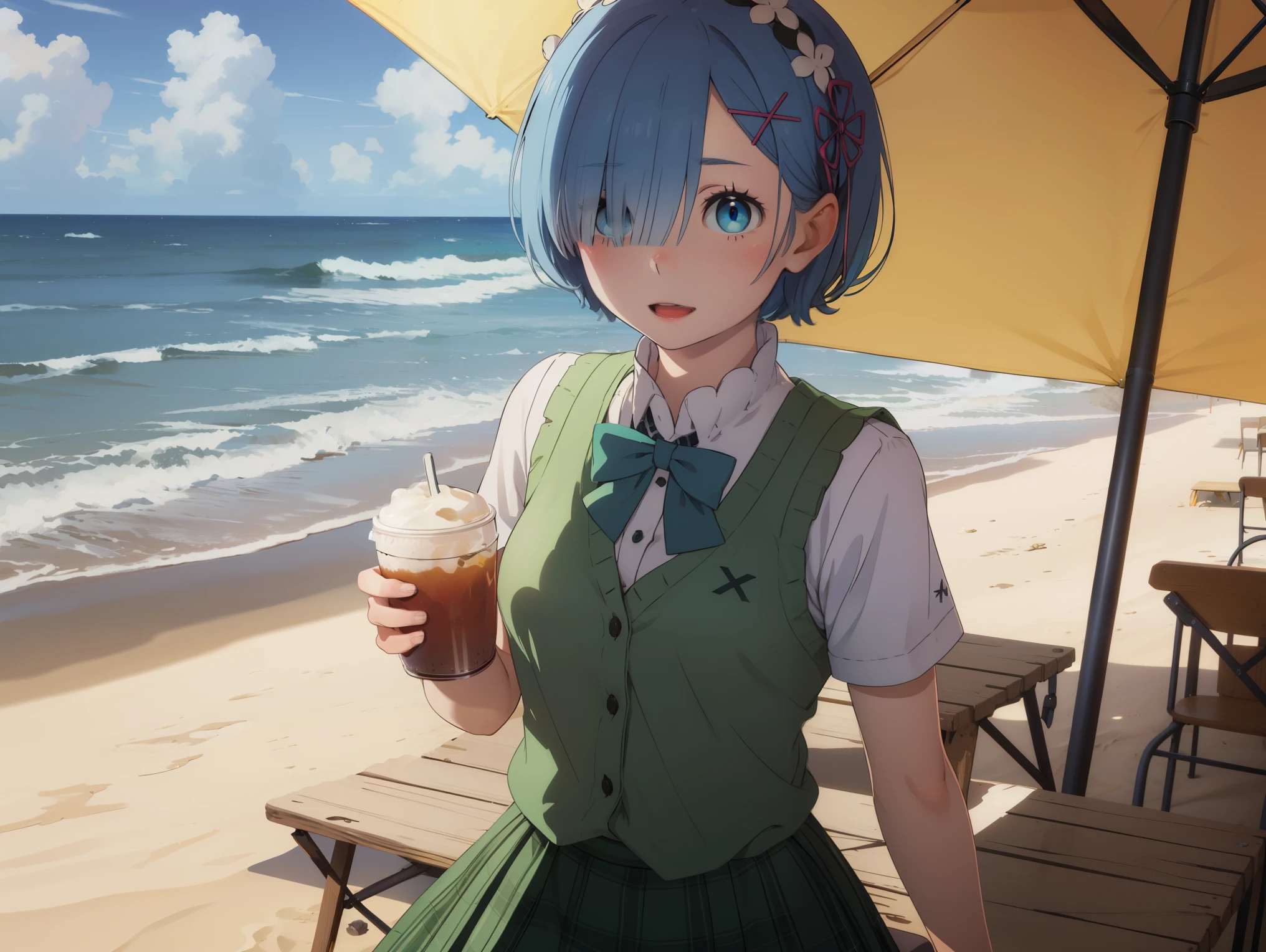 ph_rem, remhd, 1girl, blue hair, solo, blue eyes, x hair ornament,
BREAK (school uniform, green bowtie, collared shirt, white shirt, sweater vest, yellow vest, short sleeves, plaid skirt, green skirt:1.2),
BREAK beach umbrella,beach chair,on back,:d,sideways_glance,cup,holding cup,
BREAK (masterpiece:1.2), best quality, high resolution, unity 8k wallpaper, (illustration:0.8), (beautiful detailed eyes:1.6), extremely detailed face, perfect lighting, extremely detailed CG, (perfect hands, perfect anatomy),