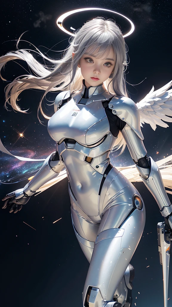 adorable_girl,fair_skin,baby face,huge filesize,wallpaper,colorful,mecha clothes, robot girl, sliver bodysuit,((sliver)) and (broken) body,hyper_galaxy,(sunlight),(angel),dynamic angle, floating, wing, halo, floating white silk,(Holy Light),silver stars,