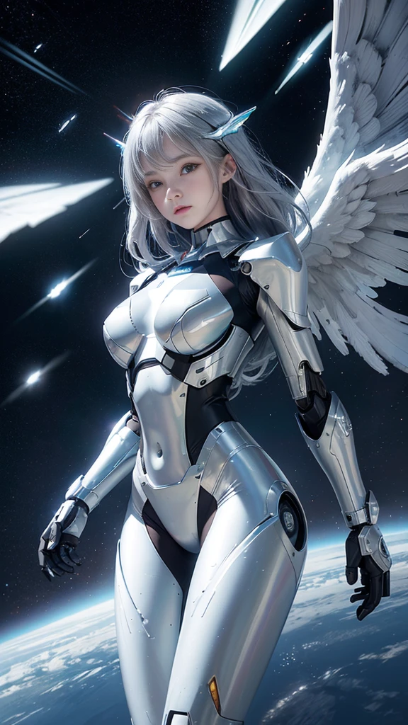 adorable_girl,fair_skin,,huge filesize,wallpaper,colorful,mecha clothes, robot girl, sliver bodysuit,((sliver)) and (broken) body,hyper_galaxy,(sunlight),(angel),dynamic angle, floating, wing, halo, floating white silk,(Holy Light),silver stars,