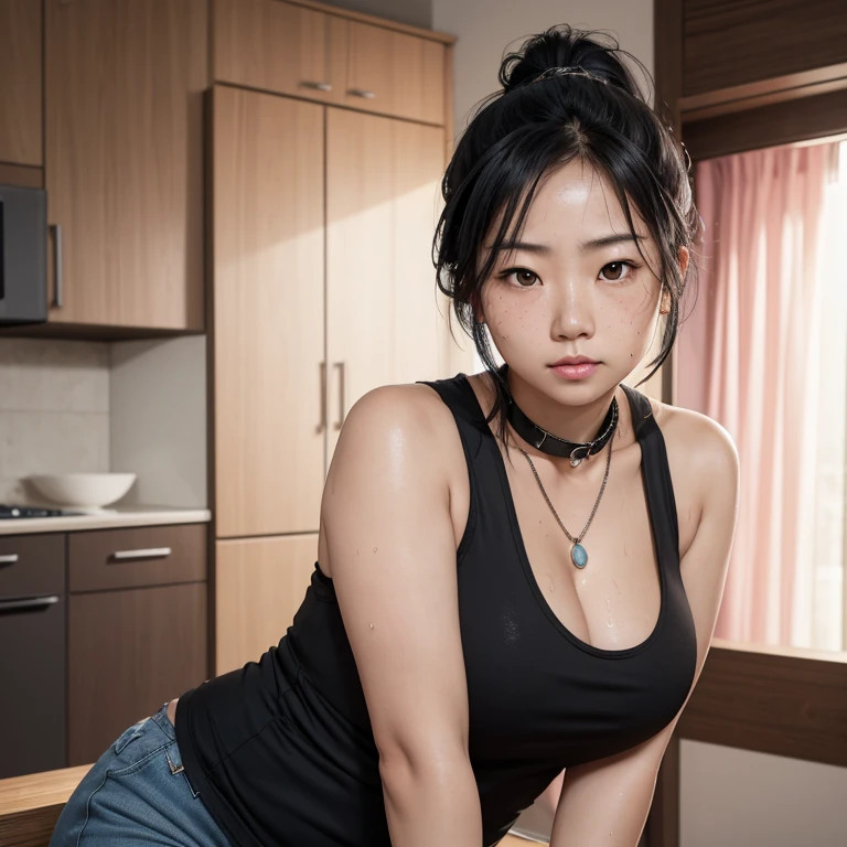 Kaori, Single model, solo, half Asian, half Latino, very long straight black hair, freckles, blushing, wet eyes, long chain pendant, very large heavy breasts, chubby, belly, stretchmarks, ponytail, collar, pink tank top, arms folded under breasts