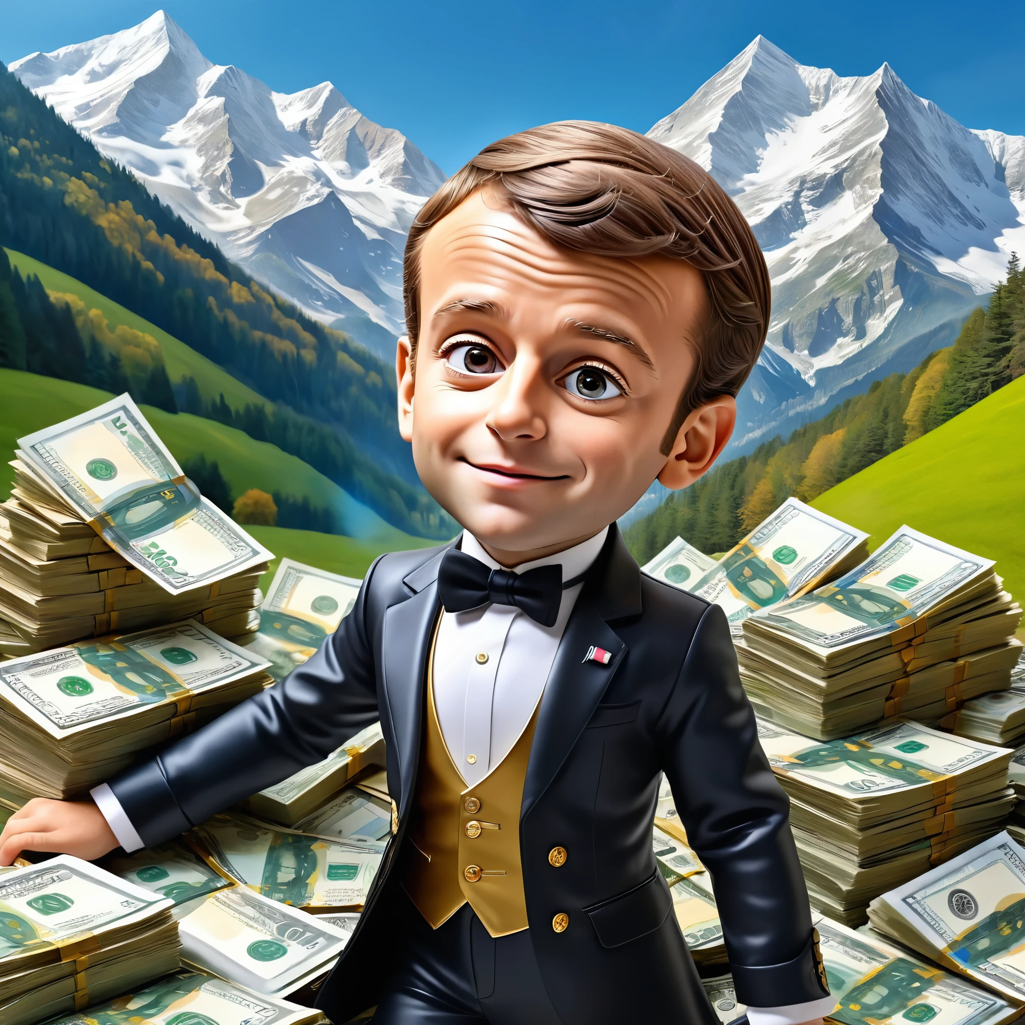 emmanuel macron style mozart of finance in front of mountain of money "EURO",
1boy, solo, south park style,
full body, masterpiece, best quality, super detailed, extremely delicate and beautiful, (((sharpening))):1.6,  dynamic pose,