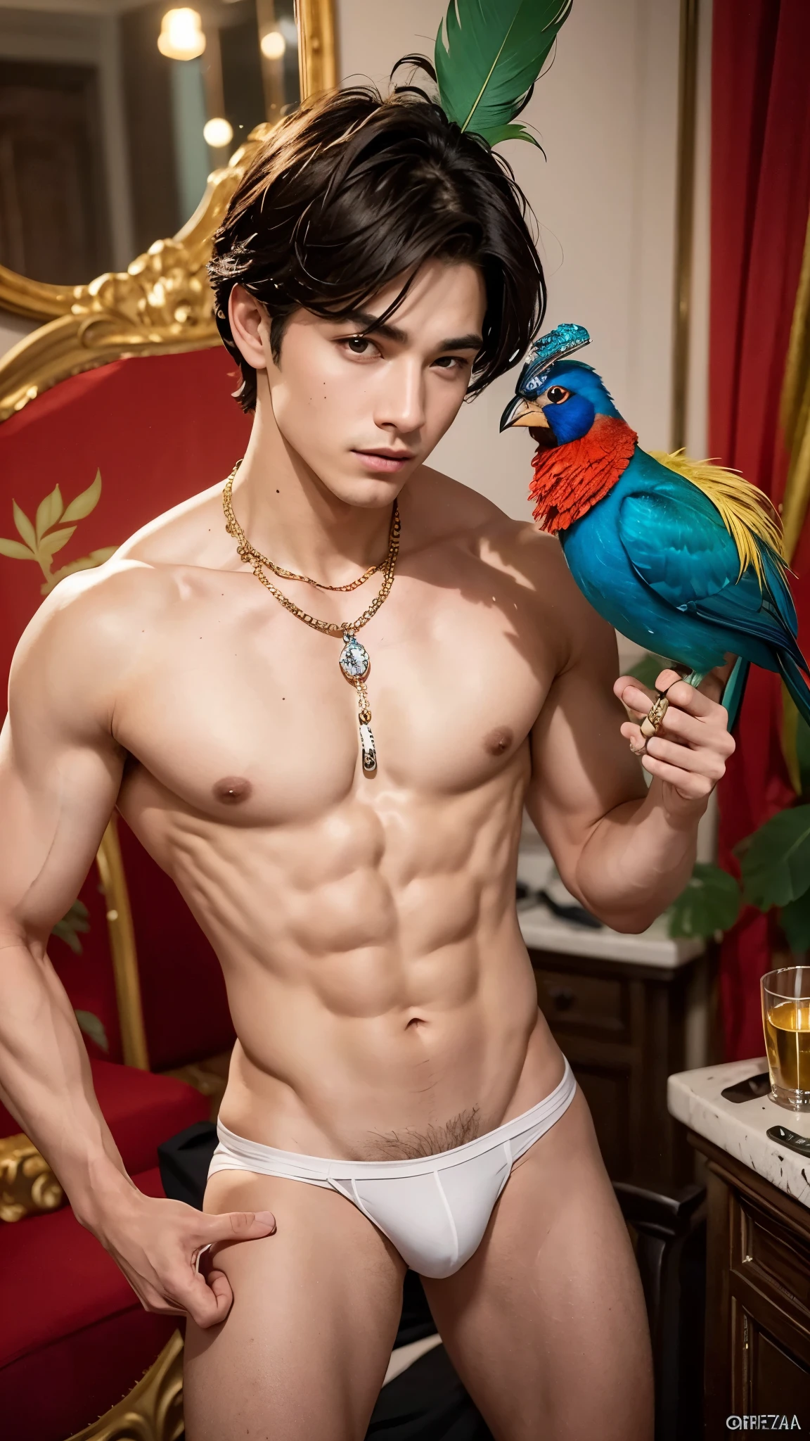 A handsome boy, , athletic build, ideal body, aesthetically beautiful, erotically tempting, seducing, offering himself With a beautiful sexy tango panti With round perfect buttocks, muscular, sweaty after a workout, In a Venetian mask with peacock and bird of paradise feathers, In White, red and gold colors, diamond chips all over the body