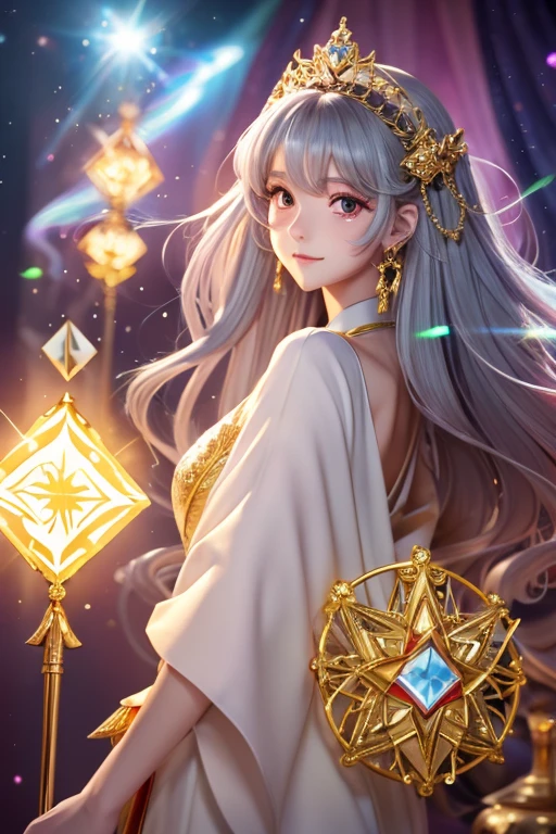 Full-body illustration facing forward,Looking at this,14 years old,Are standing,,high resolution,Pop atmosphere,three-headed body,CG illustration,((highest quality)), ((masterpiece)), (detailed), fine,Grey haired,Perfect Face,Illustration of toes,Long Hair,Big eyes,cute,Holding a wizard's wand,god秘的,Shrine maiden,女god,Beauty,cute,Beauty,The goddess,Anime Style,Anime CG,god様,gem,shine,luxury,god々Aura,crystal,Gal,Heavy makeup,Eyelashes,Feather coat,Decoration,Facing forward,kimono,Sparkling,gem,左手にcrystalを持つ,heart,luxury,gold,luxuryなDecoration,luxuryな背景,noble,おRich man,Love luck,和風の女god,altar,Aurora,Rainbow-colored,真Facing forward,luxury絢爛,shine,dazzling,Aurora,Rich man,wealthy class,goldの髪,earrings,gemが沢山付いた服,Hanfu ,god社,prayer,Have a crown, Anime Style 4k, detailedなDigital anime art, 8Kの高品質でdetailedなアート, Beautiful anime portraits, Anime fantasy artwork, Anime fantasy illustration, anime art wallpaper 4k, anime art wallpaper 4k, Digital anime art, Highly detailed digital art in 4K, Anime Style. 8k,目線はFacing forward,Gold Folding Screen,,,,