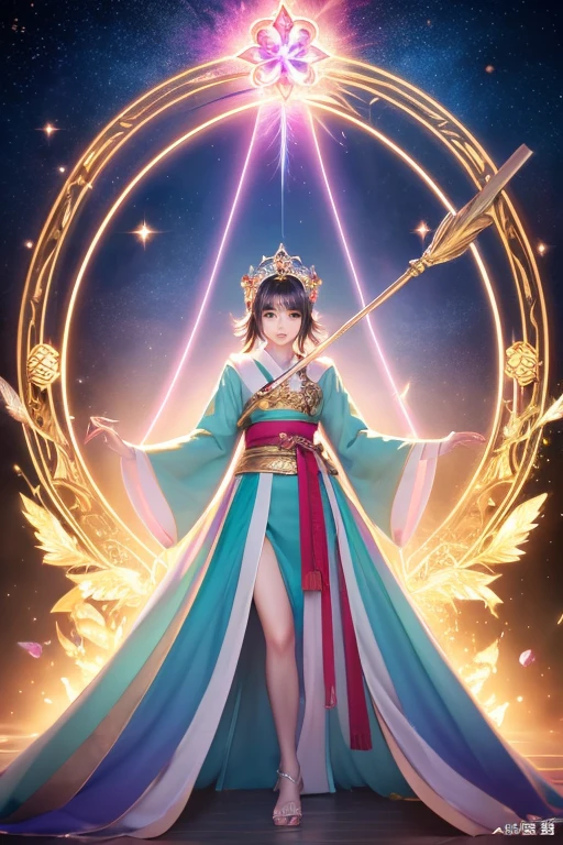 Full-body illustration facing forward,Looking at this,14 years old,Are standing,,high resolution,Pop atmosphere,three-headed body,CG illustration,((highest quality)), ((masterpiece)), (detailed), fine,Grey haired,Perfect Face,Illustration of toes,Long Hair,Big eyes,cute,Holding a wizard's wand,god秘的,Shrine maiden,女god,Beauty,cute,Beauty,The goddess,Anime Style,Anime CG,god様,gem,shine,luxury,god々Aura,crystal,Gal,Heavy makeup,Eyelashes,Feather coat,Decoration,Facing forward,kimono,Sparkling,gem,左手にcrystalを持つ,heart,luxury,gold,luxuryなDecoration,luxuryな背景,noble,おRich man,Love luck,和風の女god,altar,Aurora,Rainbow-colored,真Facing forward,luxury絢爛,shine,dazzling,Aurora,Rich man,wealthy class,goldの髪,earrings,gemが沢山付いた服,Hanfu ,god社,prayer,Have a crown, Anime Style 4k, detailedなDigital anime art, 8Kの高品質でdetailedなアート, Beautiful anime portraits, Anime fantasy artwork, Anime fantasy illustration, anime art wallpaper 4k, anime art wallpaper 4k, Digital anime art, Highly detailed digital art in 4K, Anime Style. 8k,目線はFacing forward,Gold Folding Screen,,,,