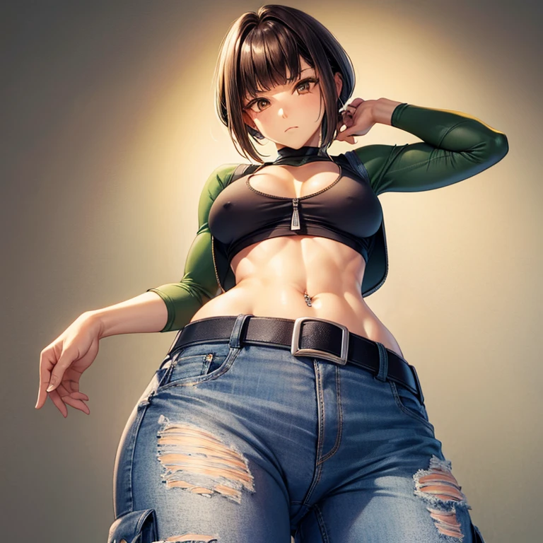 A woman wearing a tank top and full-zip shorts eats a tlayuda at a taco stand Jeans have a belt Belly button piercing With side slits Big Ass Draw the buttocks in detail Draw the crotch area in detail