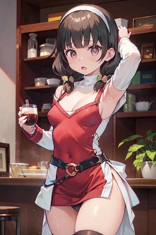 masterpiece, yor, 1girl, Amazing Cleavage:1.3, thin waist, big ass, Raised sexy, medium breast: 1.8 posed cleavage:1.2、solo, looking at viewer, open mouth, have a cup of coffee,black hair, red eyes, dress, bare shoulders, jewelry, collarbone, sidelocks, hairband, earrings, indoors, off shoulder, :o, sweater, arms behind back, plant, short hair with long locks, white hairband, off-shoulder dress, sweater dress, off-shoulder sweater, red sweater, big side hair, very long side hair,is rendered in (masterpiece: 1.2, best quality), with (ultra high resolution) and an exquisite (depth of field). This masterpiece is not only visually stunning but also tells, teach of cooking ,in the kitchen