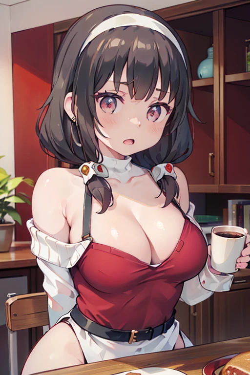 masterpiece, yor, 1girl, Amazing Cleavage:1.3, thin waist, big ass, Raised sexy, medium breast: 1.8 posed cleavage:1.2、solo, looking at viewer, open mouth, have a cup of coffee,black hair, red eyes, dress, bare shoulders, jewelry, collarbone, sidelocks, hairband, earrings, indoors, off shoulder, :o, sweater, arms behind back, plant, short hair with long locks, white hairband, off-shoulder dress, sweater dress, off-shoulder sweater, red sweater, big side hair, very long side hair,is rendered in (masterpiece: 1.2, best quality), with (ultra high resolution) and an exquisite (depth of field). This masterpiece is not only visually stunning but also tells, teach of cooking ,in the kitchen
