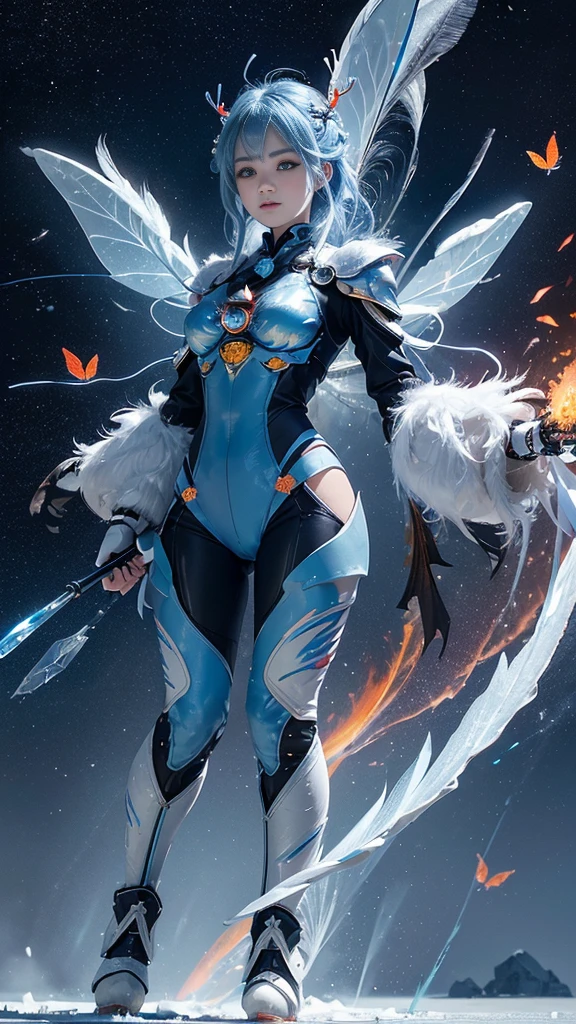 adorable_girl,fair_skin,baby face,huge filesize,wallpaper,colorful,mecha clothes, robot girl, sliver bodysuit, dragon wings, ((a dragon stands behind the girl)), beautiful detailed sliver dragon armor,(blue spark),(red and blue hair),blue eyes, burning sky,flame,Rainbow in the sky,((Flames burning ice)),(((fire butterflies))),(((ice crystal texture wings))),(Flying sparks),(detailed ice),((a lot of luminous ice crystals)),((burning feathers)),(feathers made of ice),(frozen feathers),(((ice and fire together))),