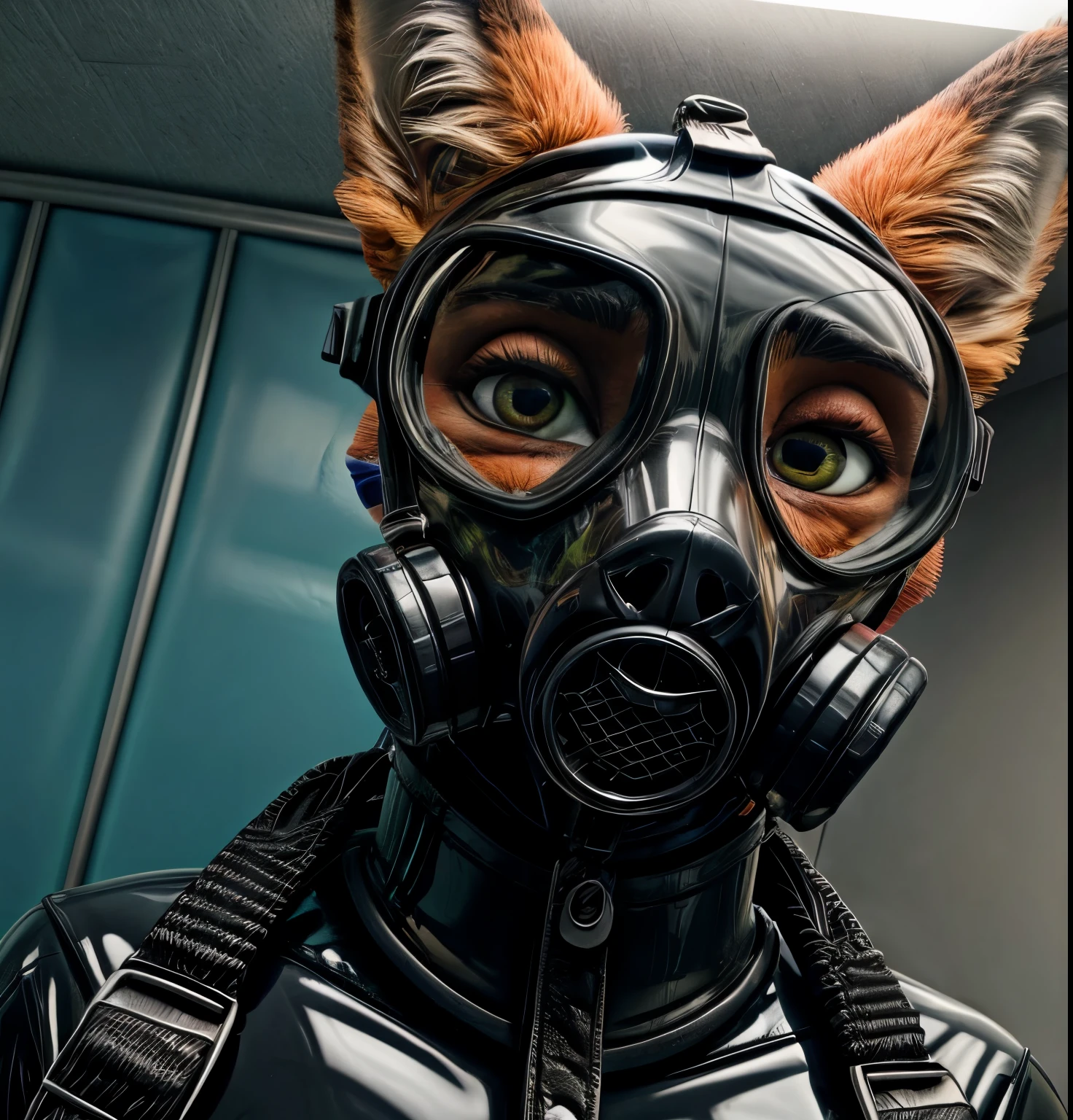 Photograph, realistic, 4k, Solo, furry, Nick Wilde, black rubber, medical examination room, (latex suit), looking at viewer, sweating, (detailed eyes, white sclera, ultra detailed eyes), low angle camera, viewer wearing latex and strapped to gurney, in love, (lustful), smug, (gas mask), pastel gas mask, low angle camera, gurney