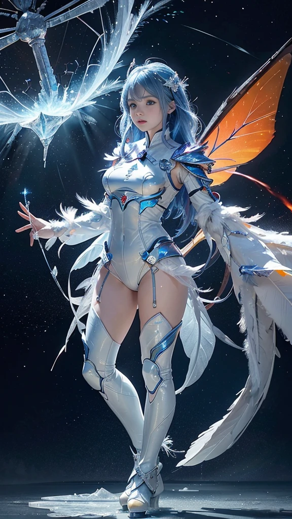 adorable_girl,fair_skin,baby face,huge filesize,wallpaper,colorful,mecha clothes, robot girl, sliver bodysuit, dragon wings, ((a dragon stands behind the girl)), beautiful detailed sliver dragon armor,(blue spark),(red and blue hair),blue eyes, burning sky,flame,Rainbow in the sky,((Flames burning ice)),(((fire butterflies))),(((ice crystal texture wings))),(Flying sparks),(detailed ice),((a lot of luminous ice crystals)),((burning feathers)),(feathers made of ice),(frozen feathers),(((ice and fire together))),