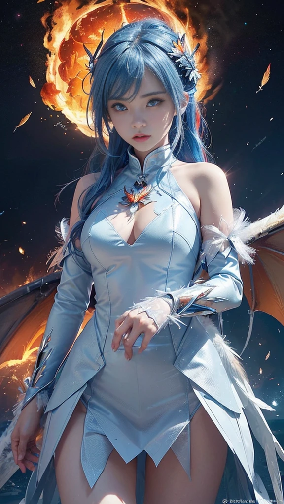 adorable_girl,fair_skin,,huge filesize,wallpaper,colorful,mecha clothes, robot girl, sliver bodysuit, dragon wings, ((a dragon stands behind the girl)), beautiful detailed sliver dragon armor,(blue spark),(red and blue hair),blue eyes, burning sky,flame,Rainbow in the sky,((Flames burning ice)),(((fire butterflies))),(((ice crystal texture wings))),(Flying sparks),(detailed ice),((a lot of luminous ice crystals)),((burning feathers)),(feathers made of ice),(frozen feathers),(((ice and fire together))),